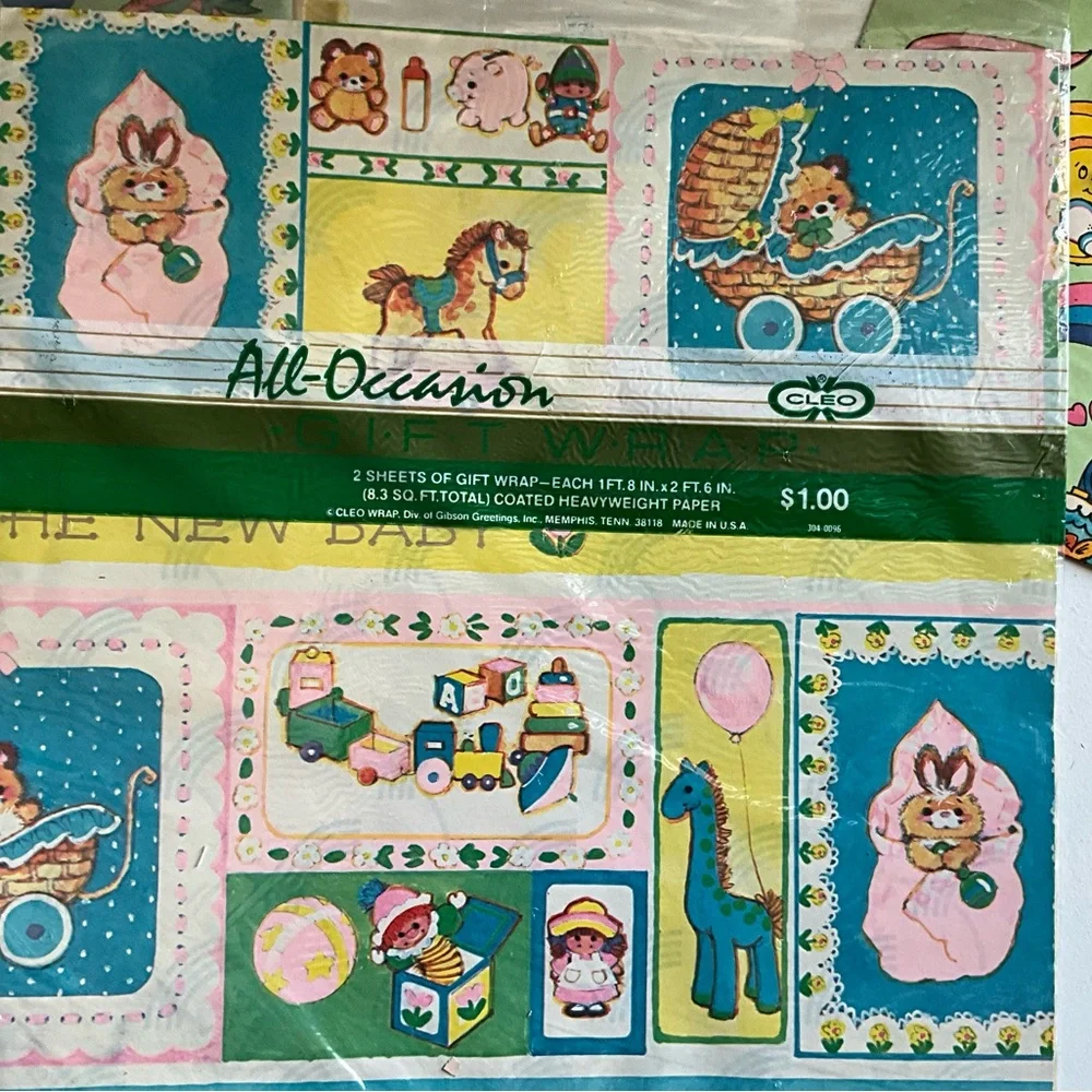 Vintage NOS Lot of 5 Cleo Gift Wrap Baby Shower Kid’s Party Wrapping Paper